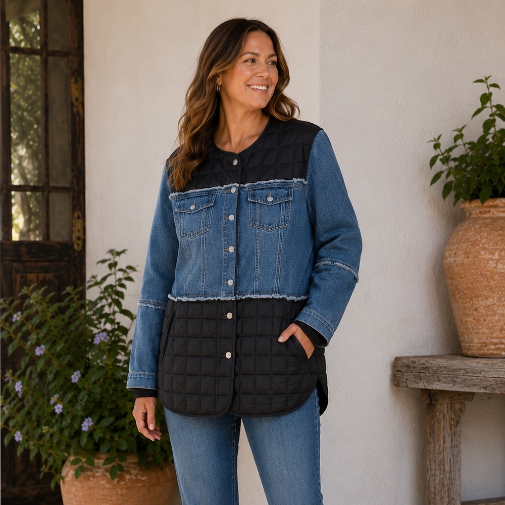 Danica Plus Size 3XL Denim Quilted Mixed Media Jacket Button Front